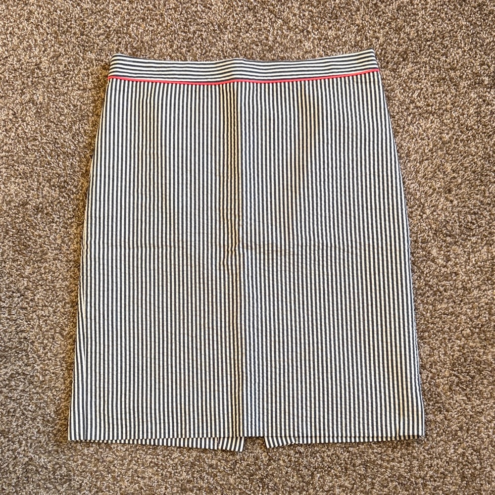 J crew navy and white seersucker Striped Pencil Skirt with neon pink trim